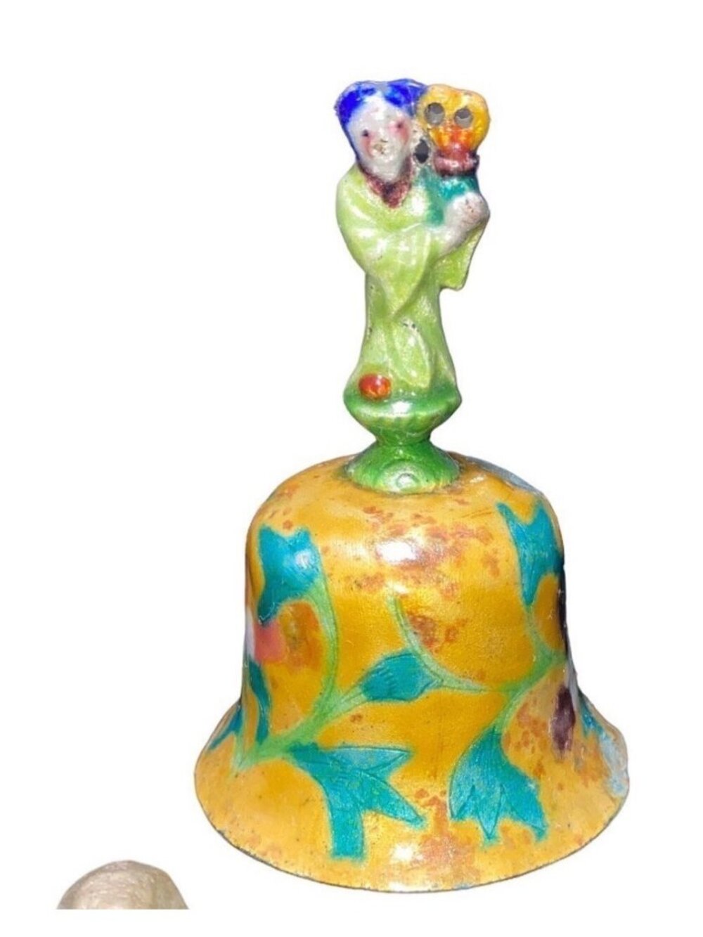 Qing Dynasty Chinese Enamel Bell With Taoist Immortal Handle & Floral Motifs